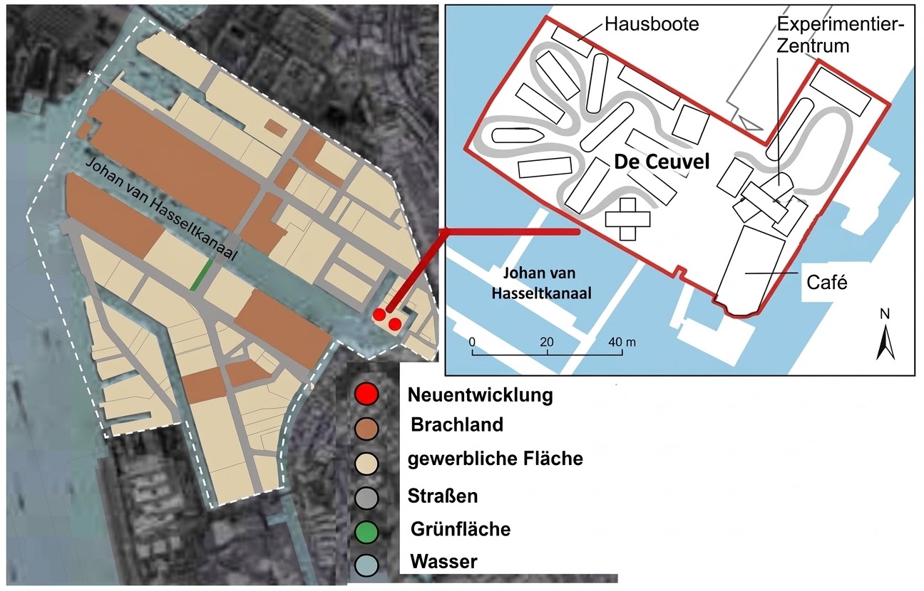 Kartenansicht von De Ceuvel und Johan van Hasseltkanaal mit Flächennutzung, Hausbooten, Café und Legende